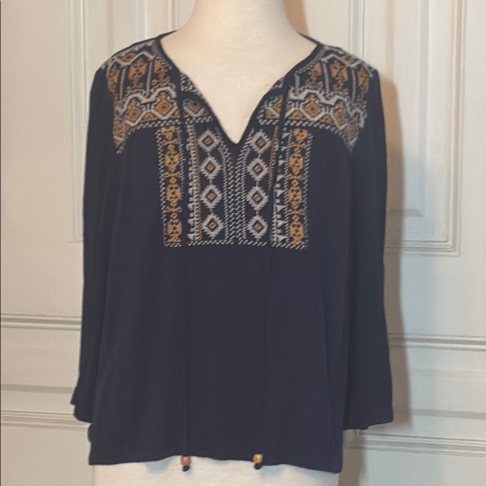 Blue and Gold Graphic 3/4 Sleeve Blouse